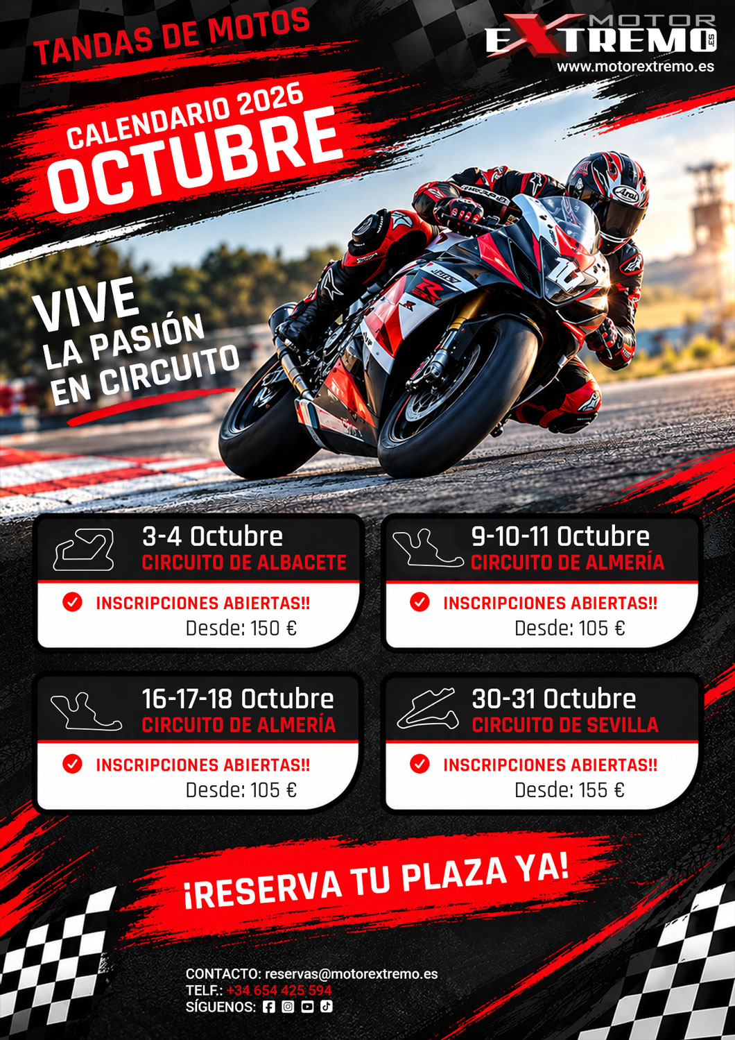 Tandas de motos Octubre 2026: Albacete, Almería y Sevilla